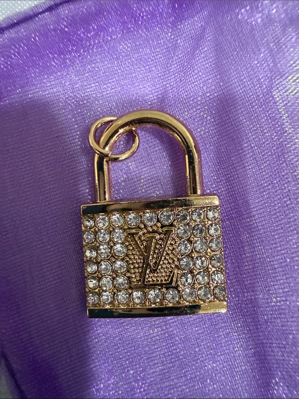 Gold Padlock Necklace Pendant Charm with Clear Crystals NWOT